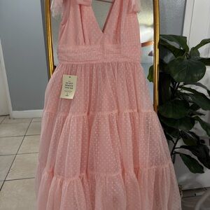 JessaKae Soft Pink Tiered Dot Mesh Formal Dress